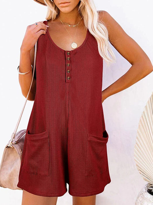 Rompers- Textured Flowy Sleeveless Romper with Pockets - Short Playsuit- Wine Red- Chuzko Women Clothing