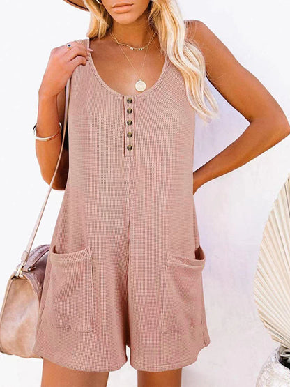 Rompers- Textured Flowy Sleeveless Romper with Pockets - Short Playsuit- Pink- Chuzko Women Clothing