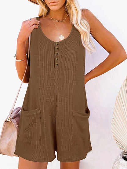 Rompers- Textured Flowy Sleeveless Romper with Pockets - Short Playsuit- Coffee- Chuzko Women Clothing