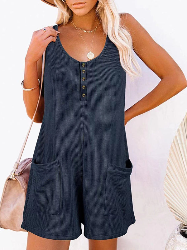 Rompers- Textured Flowy Sleeveless Romper with Pockets - Short Playsuit- Champlain color- Chuzko Women Clothing