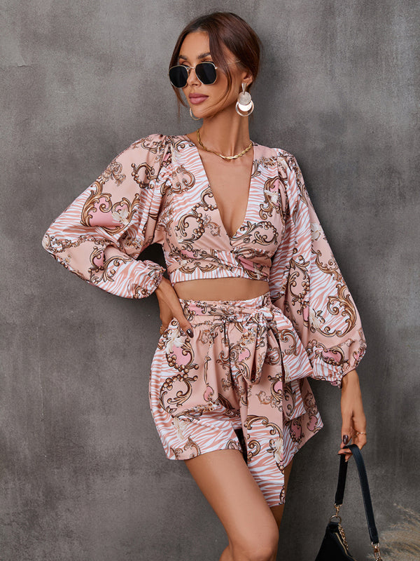V-Neck Jumpsuit with Long Sleeves and Shorts for Women - Romper Rompers - Chuzko Women Clothing