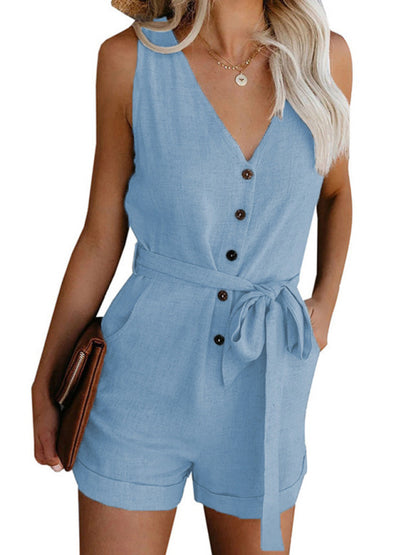 Women’s Belt Tie Romper - Jumpsuit with Cuffed Shorts & Pockets Rompers - Chuzko Women Clothing