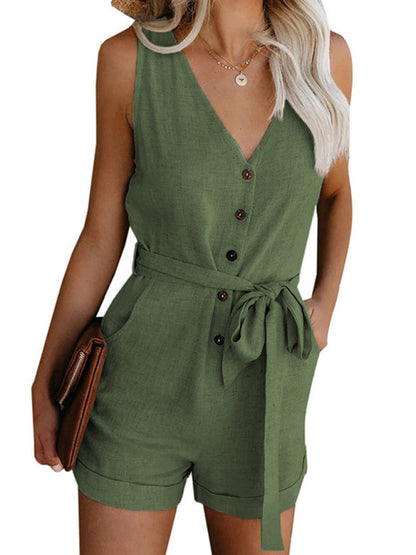 Women’s Belt Tie Romper - Jumpsuit with Cuffed Shorts & Pockets Rompers - Chuzko Women Clothing