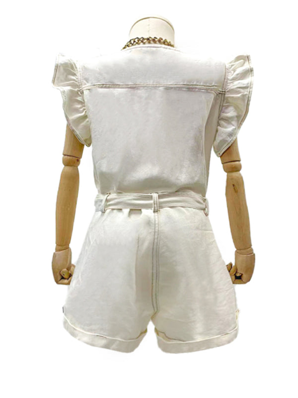 Women's Bib Overall Belted Romper - Chic Cuffed Denim Shortall Jumper Rompers - Chuzko Women Clothing