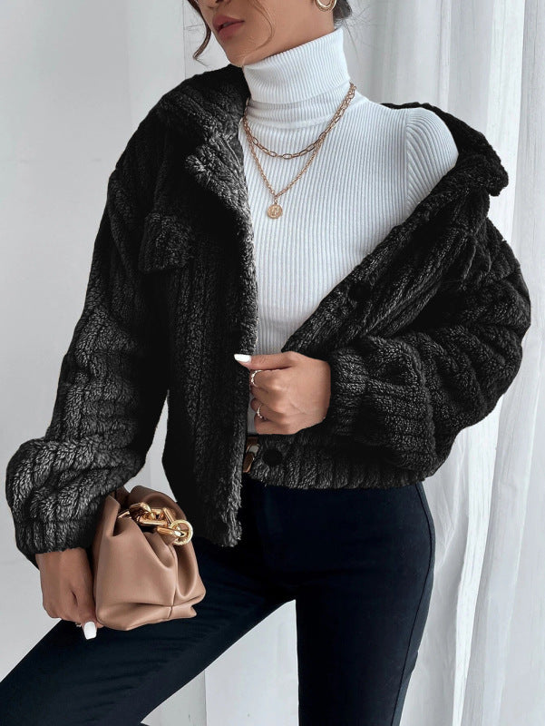 Trendy Plush Jacket - Warm Faux Fur, Flap Pockets Crop Jacket Jackets - Chuzko Women Clothing
