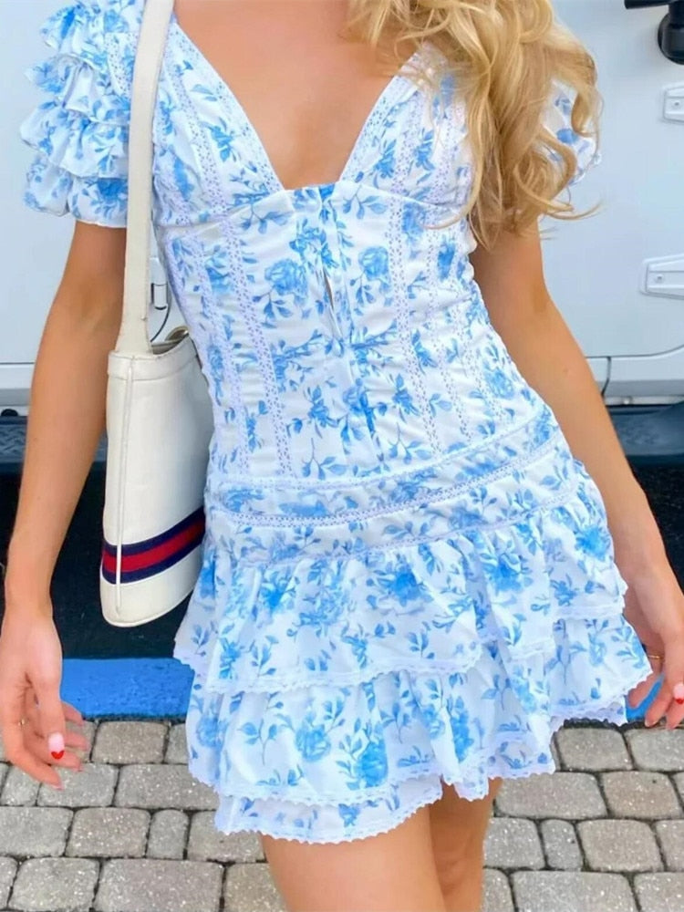 Summer Floral Smocked Ruffle Tiered Mini Dress Dress - Chuzko Women Clothing