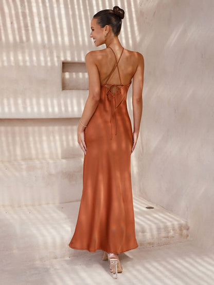 Satin Dresses- Bridesmaid Elegant Satin Slip Maxi Dress with Halterneck and Backless Style- Chuzko Women Clothing