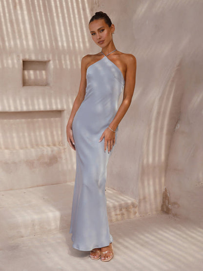 Satin Dresses- Bridesmaid Elegant Satin Slip Maxi Dress with Halterneck and Backless Style- Chuzko Women Clothing