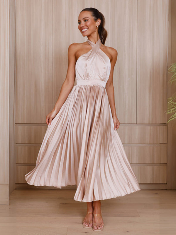 Satin Dresses- Elegant Backless Satin Midi Dress with Halter Tie and Plisse Pleats- Chuzko Women Clothing