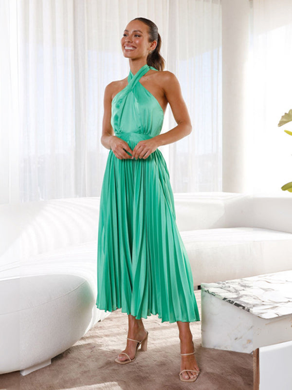 Satin Dresses- Elegant Backless Satin Midi Dress with Halter Tie and Plisse Pleats- Chuzko Women Clothing