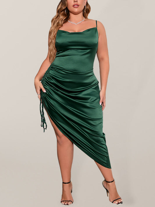 Satin Dresses- Elegant Curvy Satin Cowl Neck Midi Dress with Ruched Side- Green- Chuzko Women Clothing