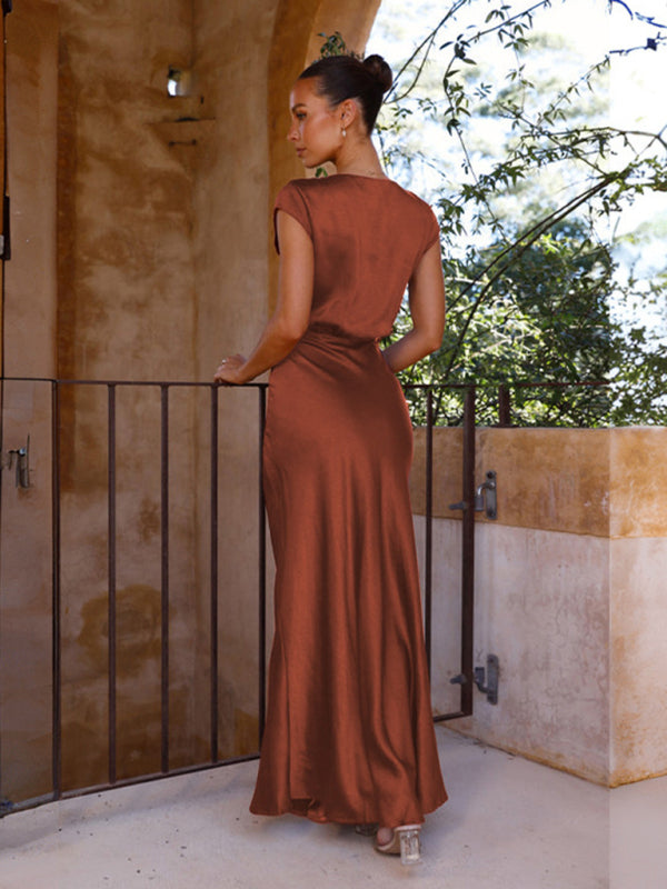 Satin Dresses- Elegant Satin Maxi Dress with a Classy Blouson Style and Cap Sleeves- Chuzko Women Clothing