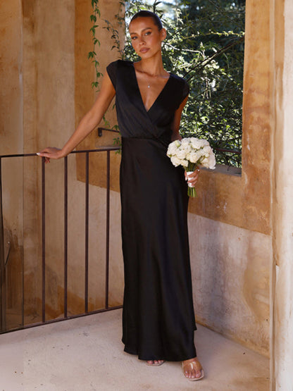 Satin Dresses- Elegant Satin Maxi Dress with a Classy Blouson Style and Cap Sleeves- Chuzko Women Clothing