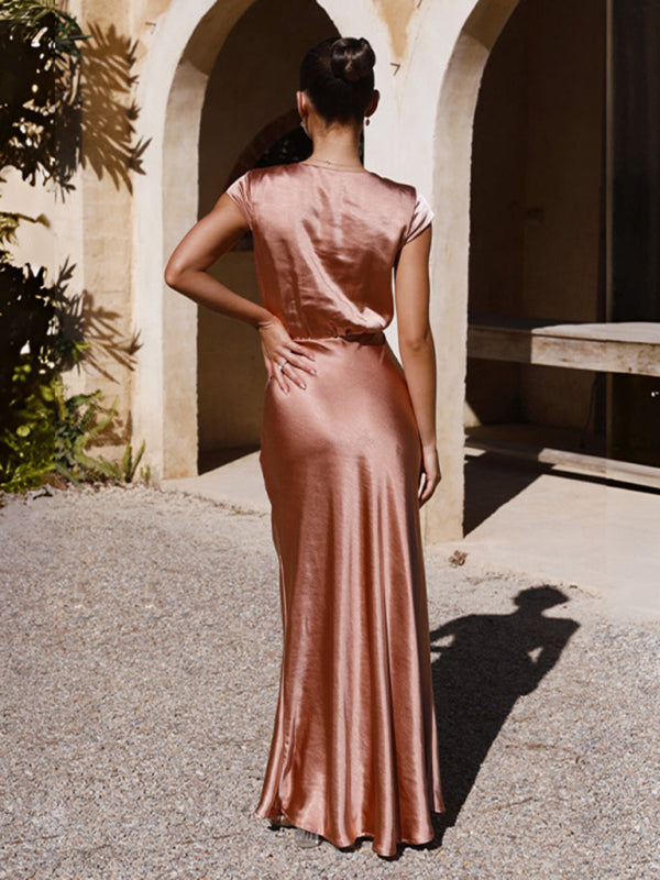 Satin Dresses- Elegant Satin Maxi Dress with a Classy Blouson Style and Cap Sleeves- Chuzko Women Clothing