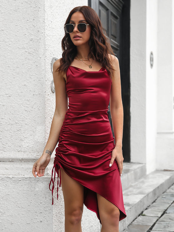 Satin Dresses- Elegant Satin Slip Dress and Ruched Side- Wine Red- Chuzko Women Clothing