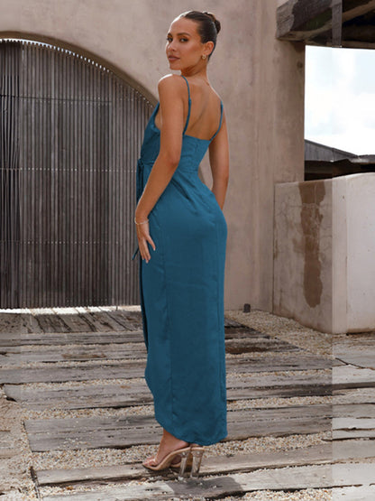 Satin Dresses- Elegant V-Neck Sleeveless Satin Midi Dress with Adjustable Straps and Bow Detail- Chuzko Women Clothing