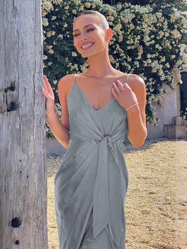 Satin Dresses- Elegant V-Neck Sleeveless Satin Midi Dress with Adjustable Straps and Bow Detail- Chuzko Women Clothing