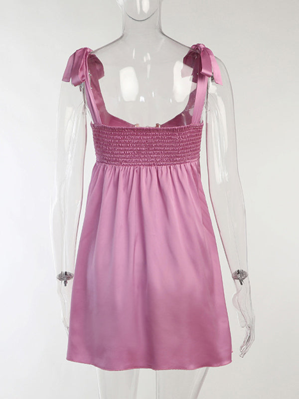 Satin Dresses- Satin Tie-Shoulder Cutout Slip Mini Dress- Chuzko Women Clothing
