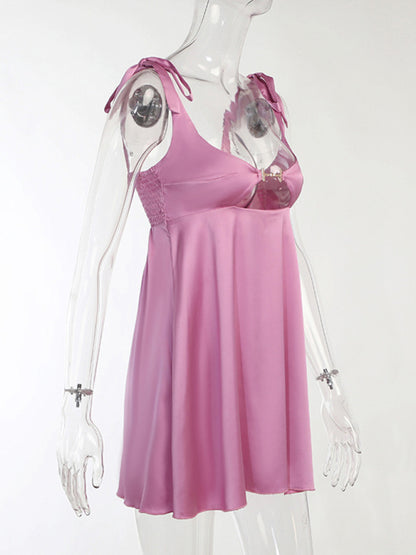 Satin Dresses- Satin Tie-Shoulder Cutout Slip Mini Dress- Chuzko Women Clothing