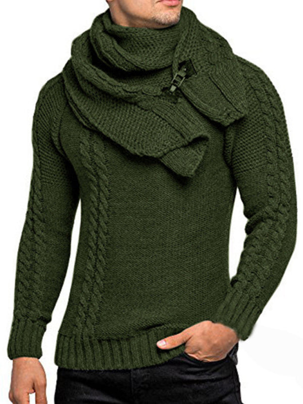 Scarf Sweaters- Men's Cable Knitting Sweater with Detachable Scarf- Chuzko Women Clothing