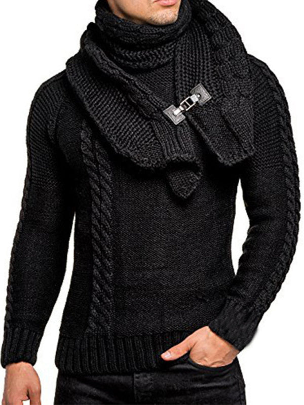 Scarf Sweaters- Men's Cable Knitting Sweater with Detachable Scarf- Chuzko Women Clothing