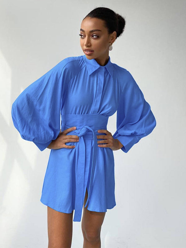 Belt-Tie Solid Mini Dress with Balloon Sleeves