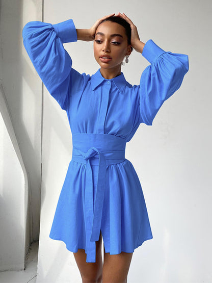 Belt-Tie Solid Mini Dress with Balloon Sleeves