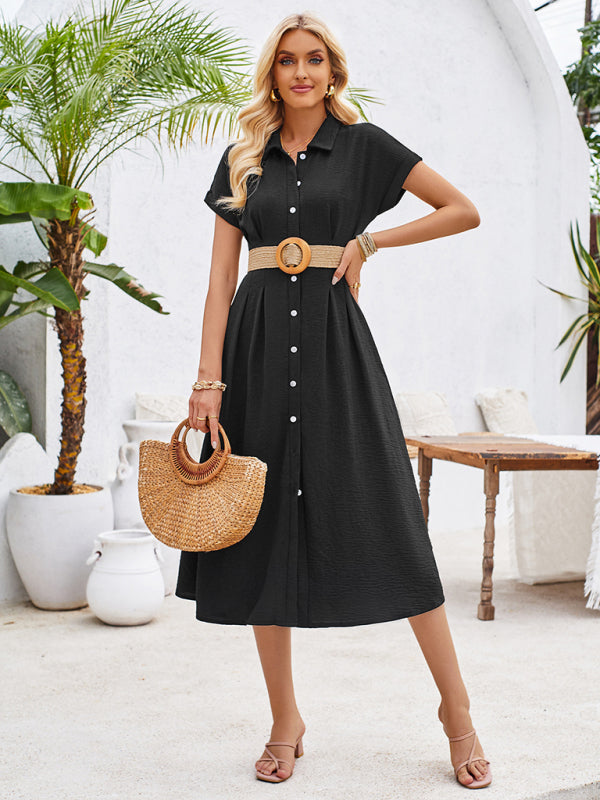 Shirt Dresses- Solid Pleated Button-Up Midi Shirt Dress- Black- Chuzko Women Clothing