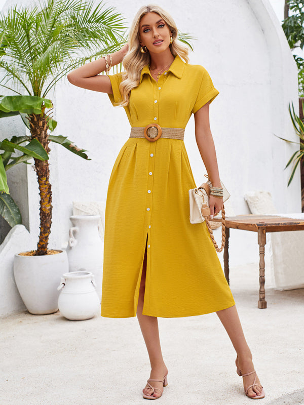 Shirt Dresses- Solid Pleated Button-Up Midi Shirt Dress- Yellow- Chuzko Women Clothing