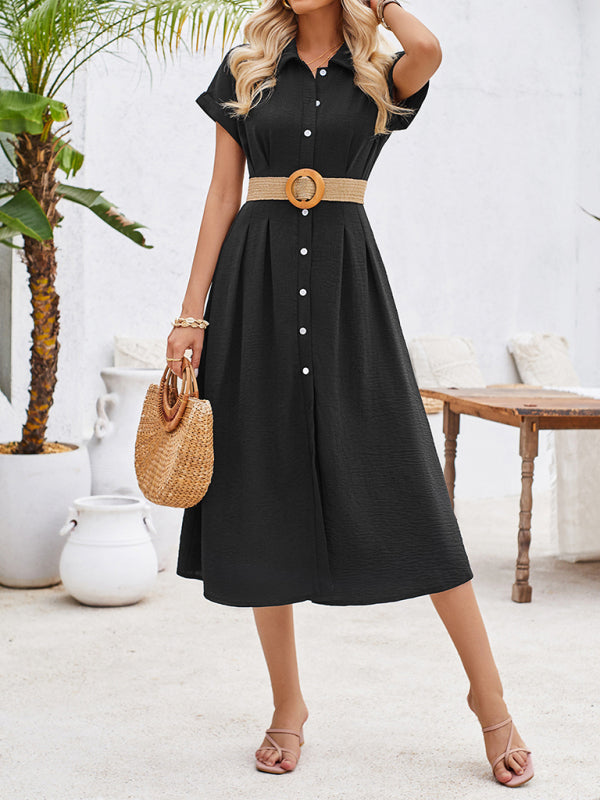 Shirt Dresses- Solid Pleated Button-Up Midi Shirt Dress- - Chuzko Women Clothing