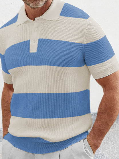 Shirt Sweaters- Men's Color Block Knit Polo Shirt- Chuzko Women Clothing