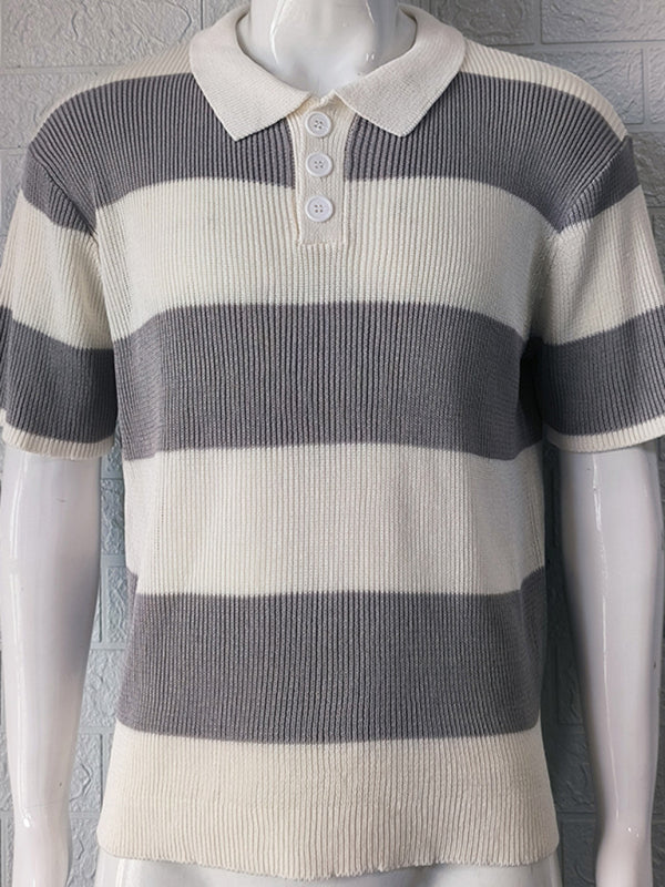 Shirt Sweaters- Men's Color Block Knit Polo Shirt- Chuzko Women Clothing