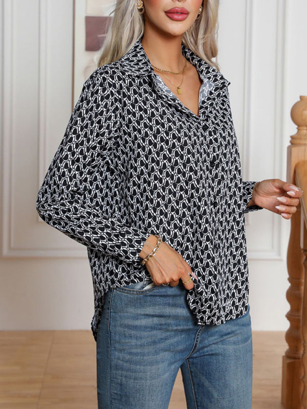 Shirts- All-Printed Collared Button-Up Blouse | Long Sleeves Shirt- Chuzko Women Clothing
