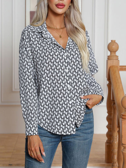 Shirts- All-Printed Collared Button-Up Blouse | Long Sleeves Shirt- Chuzko Women Clothing
