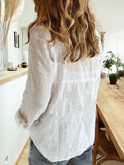 Shirts- Classic Collar Long Sleeve Shirt in Textured Cotton-Linen Blend- Chuzko Women Clothing