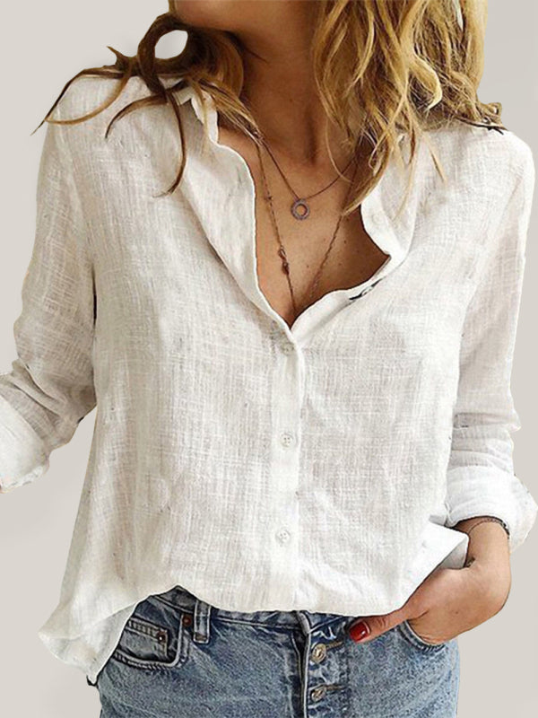 Shirts- Classic Collar Long Sleeve Shirt in Textured Cotton-Linen Blend- Chuzko Women Clothing