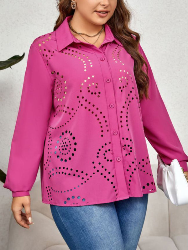 Shirts- Curvy Solid Holes Button-Up Long Sleeves Shirt for Women- - Chuzko Women Clothing