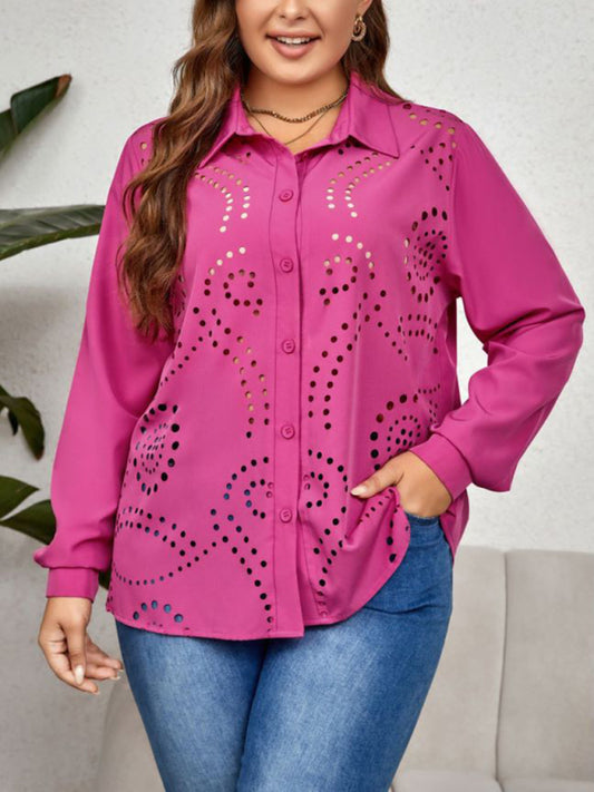 Shirts- Curvy Solid Holes Button-Up Long Sleeves Shirt for Women- Rose- Chuzko Women Clothing