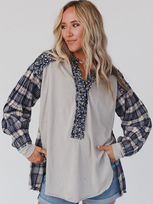 Shirts- Floral Oversized Cotton Patchwork Shirt with Plaid Accents- Chuzko Women Clothing