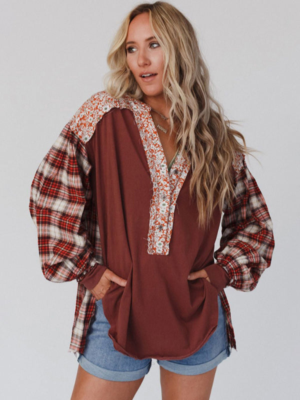Shirts- Floral Oversized Cotton Patchwork Shirt with Plaid Accents- Chuzko Women Clothing