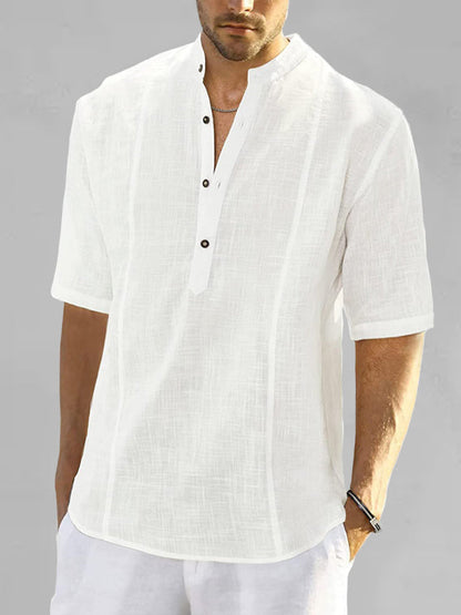 Shirts- Men's Faux Linen Half-Buttoned Short Sleeve Shirt- Chuzko Women Clothing