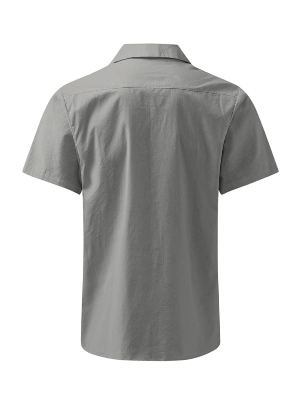 Shirts- Men's Oversized Solid Cotton Short Sleeve Shirt- Chuzko Women Clothing