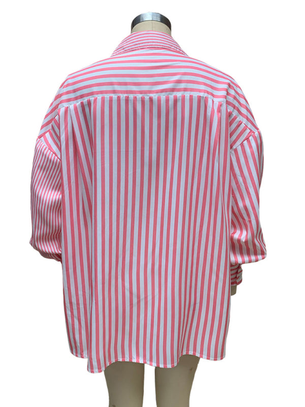 Oversized Women's Striped Shirt with Flowy Lantern Sleeves