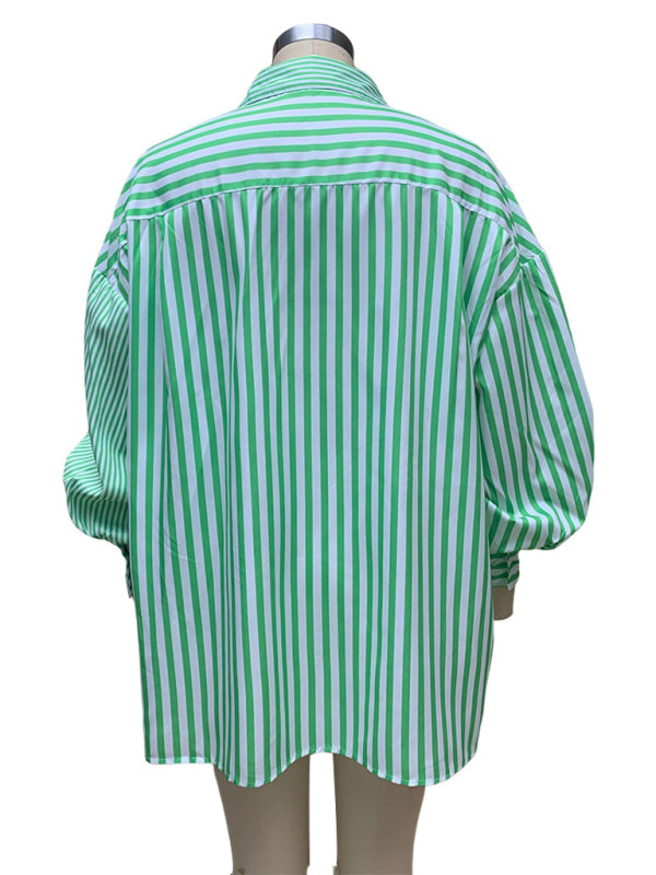 Oversized Women's Striped Shirt with Flowy Lantern Sleeves