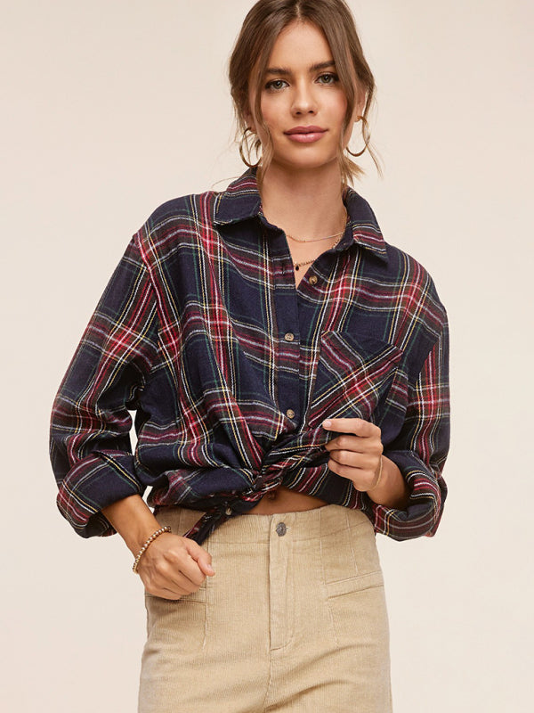 Plaid Lightweight Button-Up Shirt with Long Sleeves