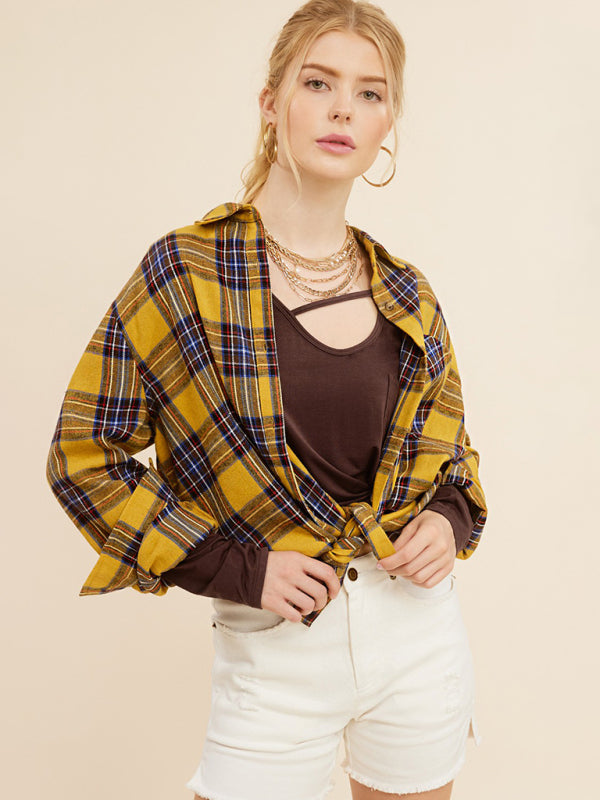 Plaid Lightweight Button-Up Shirt with Long Sleeves