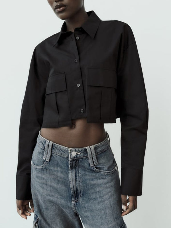 Shirts- Solid Collar Flap Crop Shirt with Long Sleeves- Chuzko Women Clothing