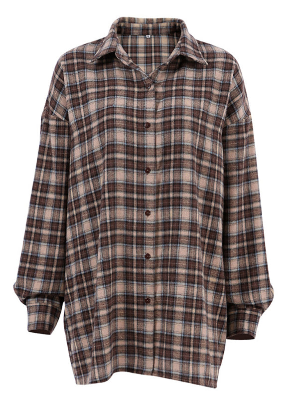 Shirts- Vintage-Inspired Fall Shacket | Tan Plaid Mid-Length Shirt- Chuzko Women Clothing