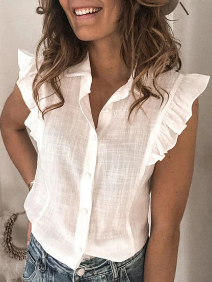 Shirts- Women's Solid Cotton Button-Up Blouse Shirt Shirt with Ruffles- White- Chuzko Women Clothing