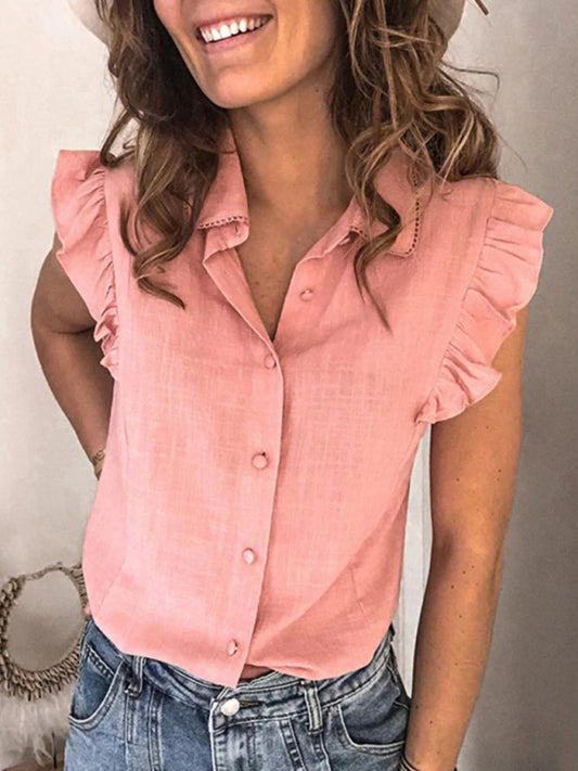 Shirts- Women's Solid Cotton Button-Up Blouse Shirt Shirt with Ruffles- Pink- Chuzko Women Clothing
